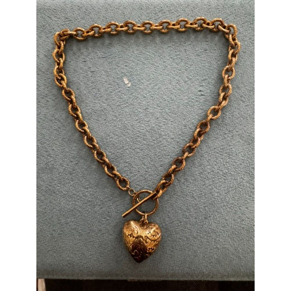 Sterling silver gold plated puffy heart toggle necklace, Made in Italy.